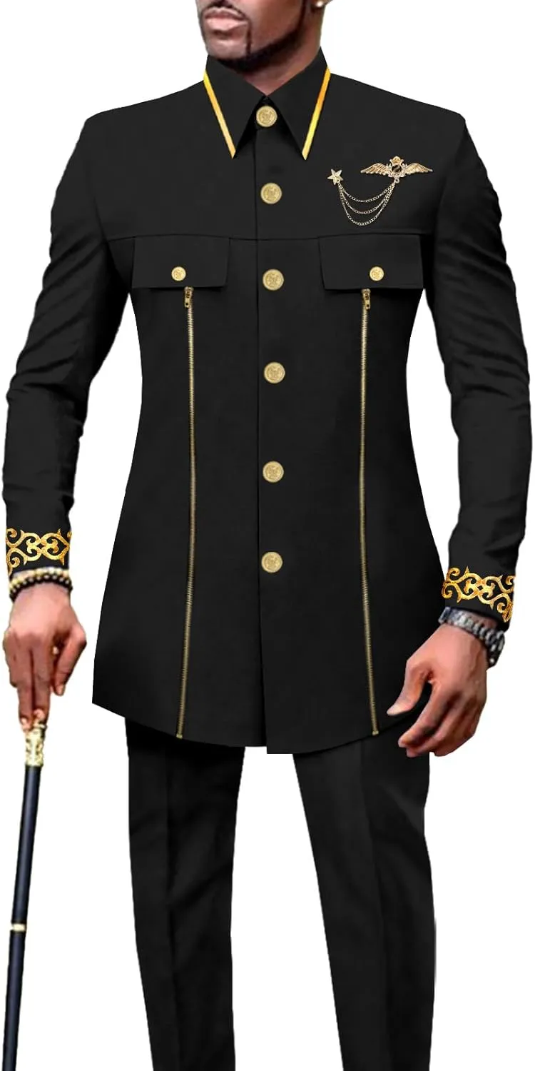 Men`s Suits African Clothes Slim Fit Embroidery Single Breasted Full Sleeve Zip Blazer and Pants Set