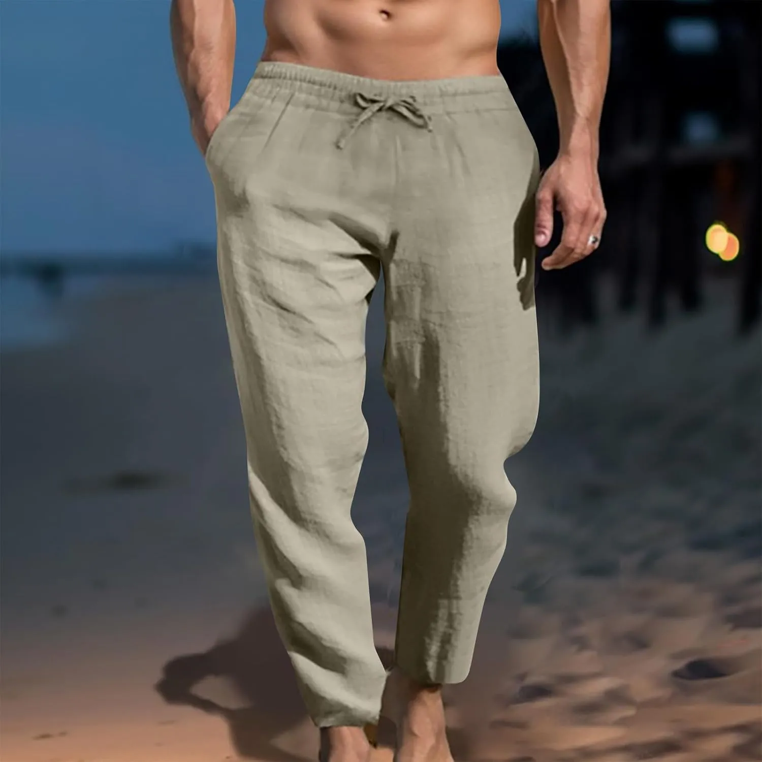 Mens Sweatpants Slim Fit Casual Linen Pants Beach Trousers with Pocket Elastic Waisted Drawstring Baggy Jogger Pants