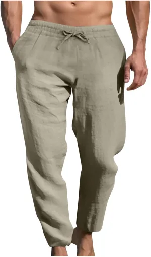 Mens Sweatpants Slim Fit Casual Linen Pants Beach Trousers with Pocket Elastic Waisted Drawstring Baggy Jogger Pants