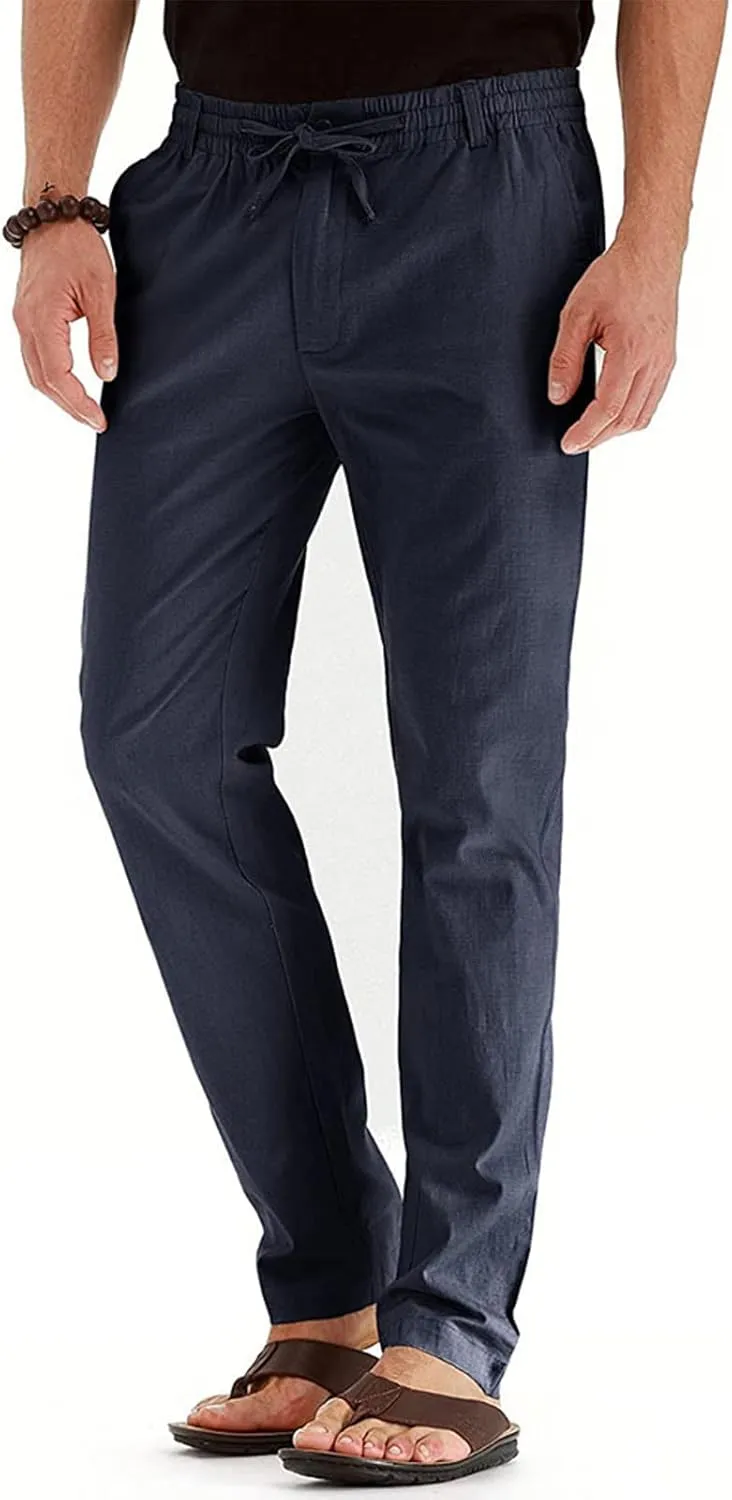 Mens Work Pants Drawstring Elastic Waist Business Casual Trousers Loose Straight Leg Summer Pull On Pants with Pocket