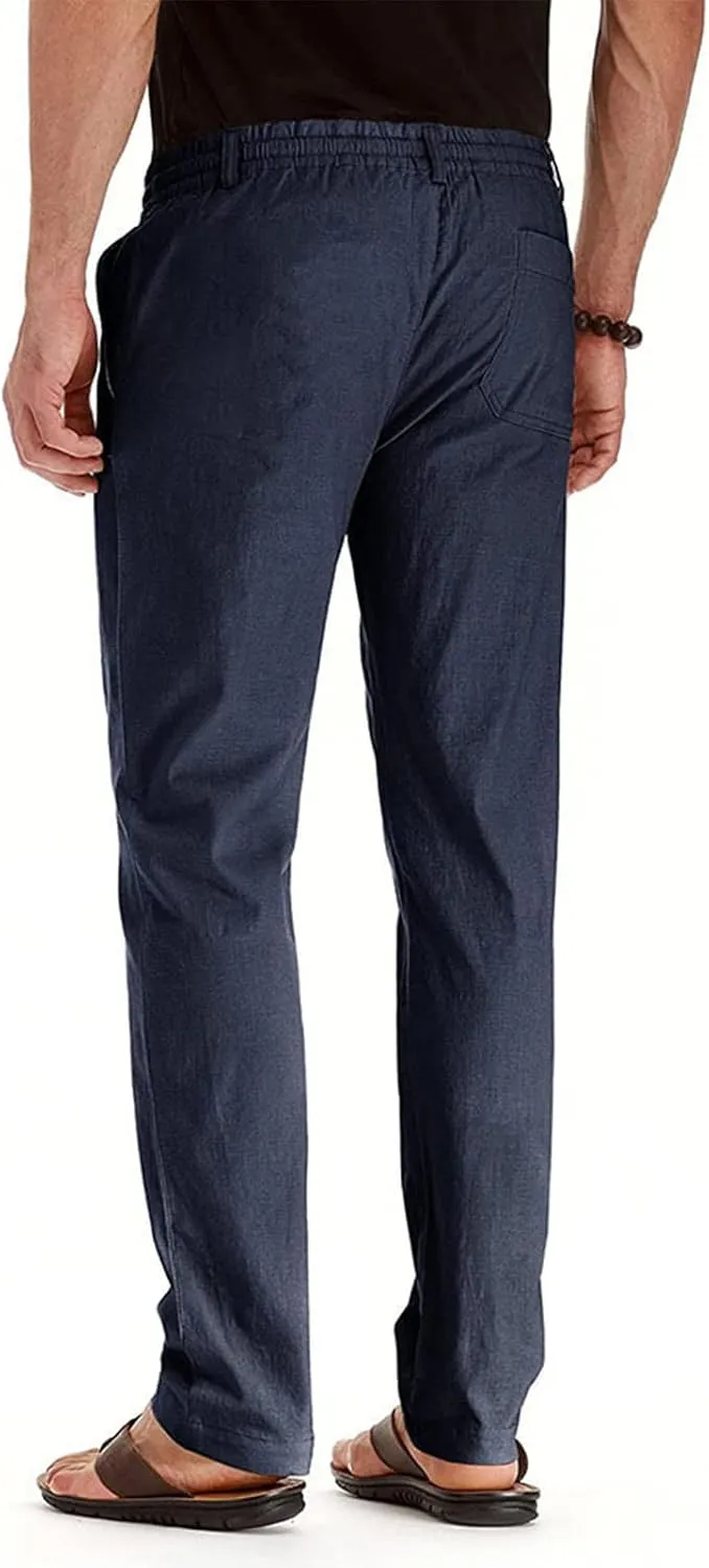 Mens Work Pants Drawstring Elastic Waist Business Casual Trousers Loose Straight Leg Summer Pull On Pants with Pocket