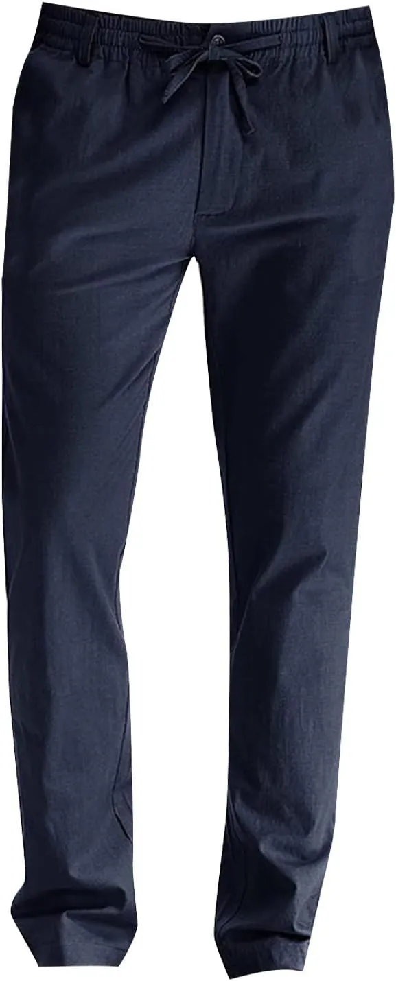 Mens Work Pants Drawstring Elastic Waist Business Casual Trousers Loose Straight Leg Summer Pull On Pants with Pocket