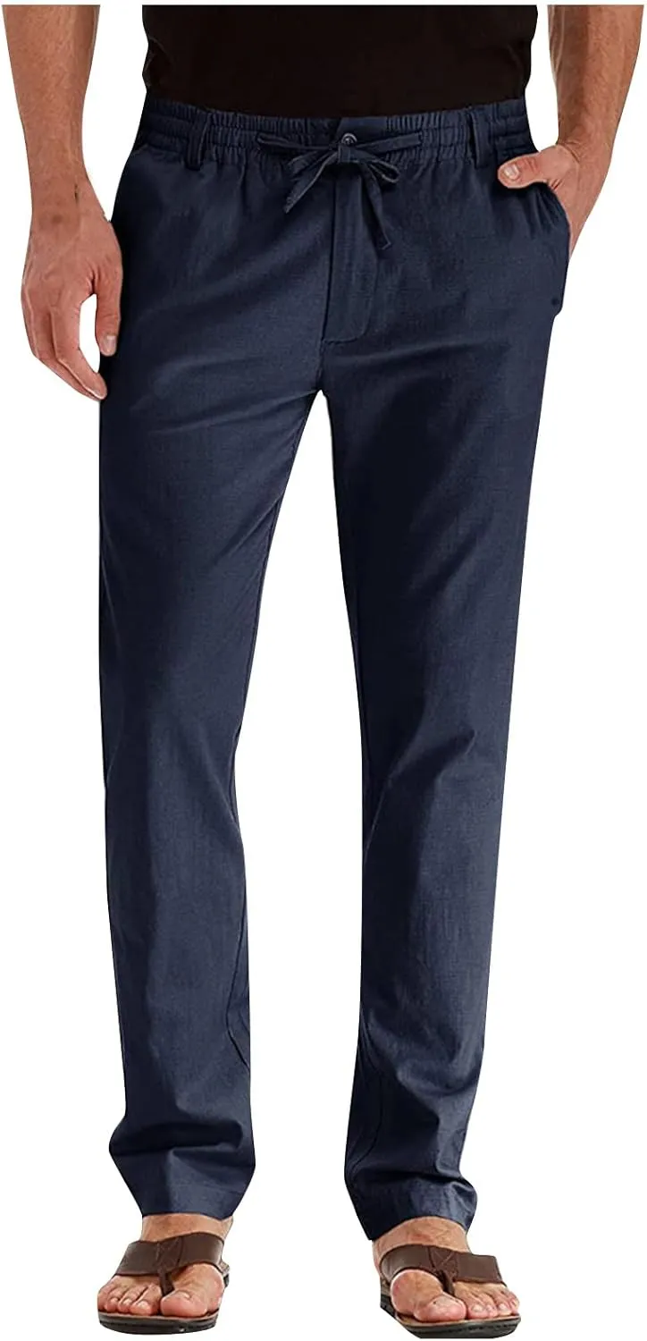 Mens Work Pants Drawstring Elastic Waist Business Casual Trousers Loose Straight Leg Summer Pull On Pants with Pocket