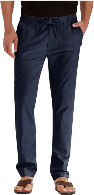 Mens Work Pants Drawstring Elastic Waist Business Casual Trousers Loose Straight Leg Summer Pull On Pants with Pocket