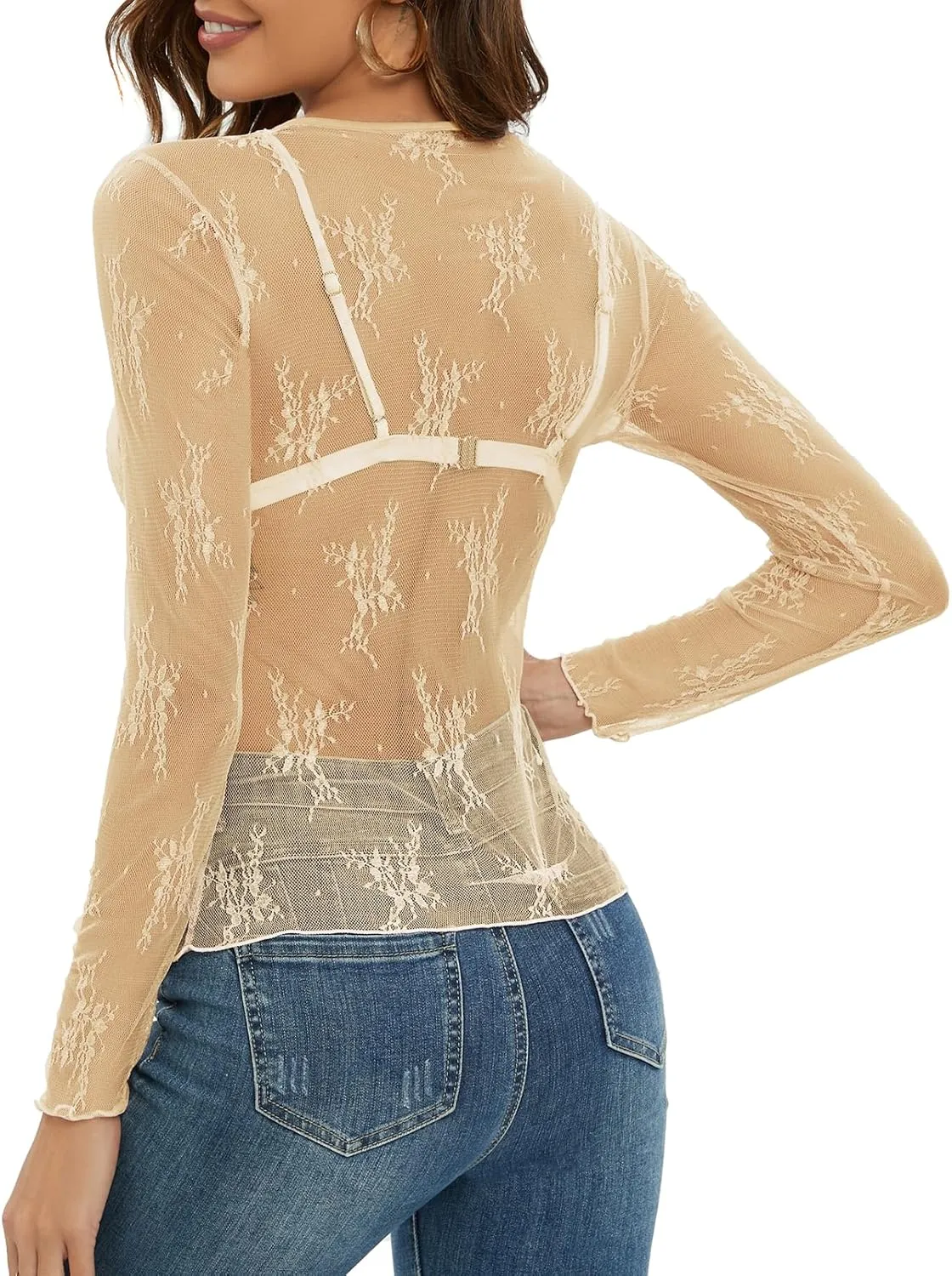 MEROKEETY Womens 2025 Spring Lace Sheer Mesh Top Crewneck Sexy Y2k See Through Going Out Long Sleeve Blouse Shirts