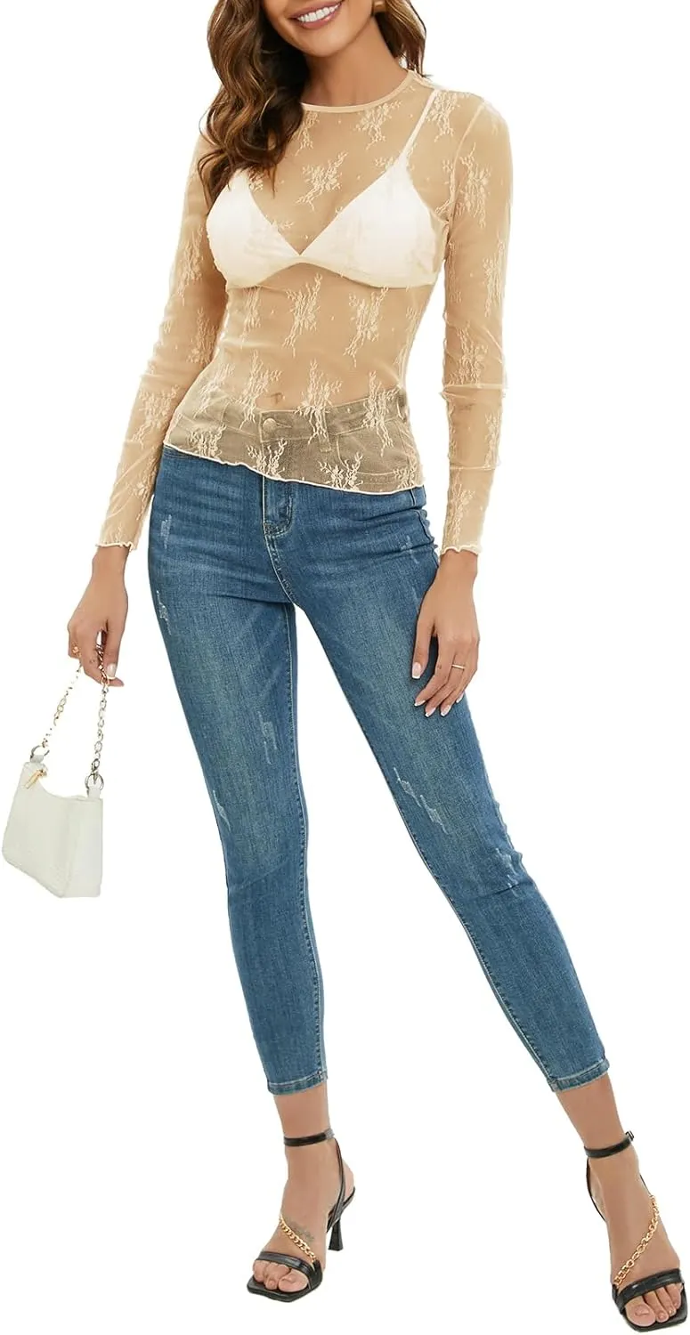 MEROKEETY Womens 2025 Spring Lace Sheer Mesh Top Crewneck Sexy Y2k See Through Going Out Long Sleeve Blouse Shirts