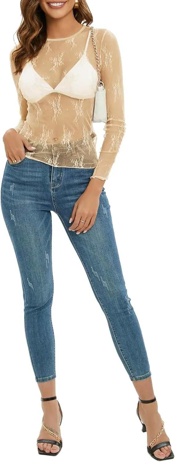 MEROKEETY Womens 2025 Spring Lace Sheer Mesh Top Crewneck Sexy Y2k See Through Going Out Long Sleeve Blouse Shirts