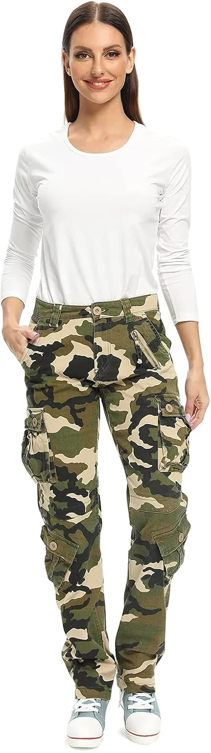 Mesinsefra Women's Cotton Casual Cargo Pants Military Army Tactical Combat Work Trousers with 8 Pockets