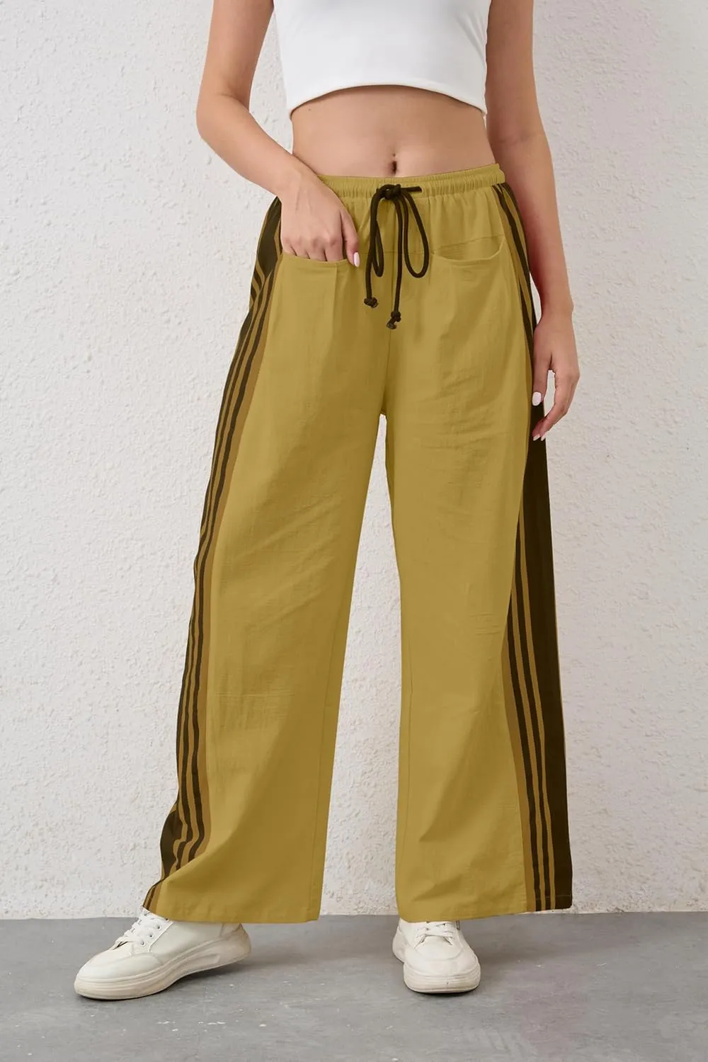 MISSACTIVER Women Side Striped Wide Leg Pants Color Block High Rise Drawstring Sweatpants Baggy Track Pants with Pockets