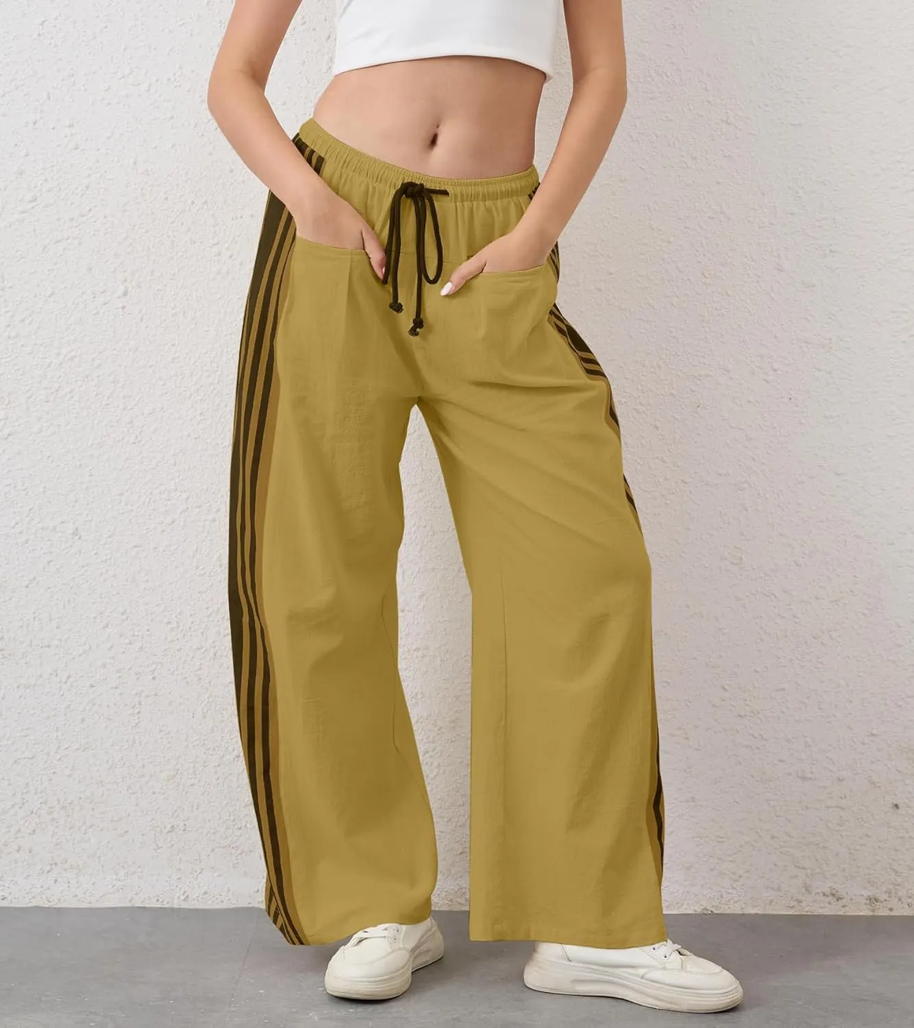 MISSACTIVER Women Side Striped Wide Leg Pants Color Block High Rise Drawstring Sweatpants Baggy Track Pants with Pockets