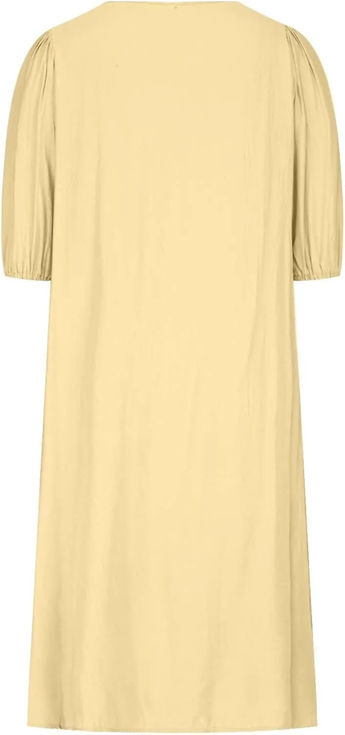 NaRHbrg Women Summer Dresses 2024 Casual Cotton Linen Dress Short Sleeve V Neck Flowy Beach Midi Dress Plus Size Tunic Dress