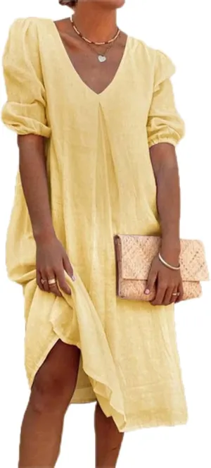 NaRHbrg Women Summer Dresses 2024 Casual Cotton Linen Dress Short Sleeve V Neck Flowy Beach Midi Dress Plus Size Tunic Dress