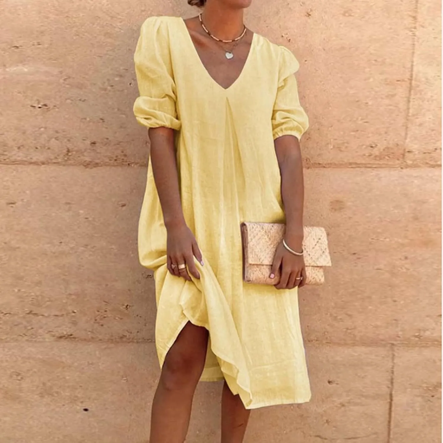 NaRHbrg Women Summer Dresses 2024 Casual Cotton Linen Dress Short Sleeve V Neck Flowy Beach Midi Dress Plus Size Tunic Dress