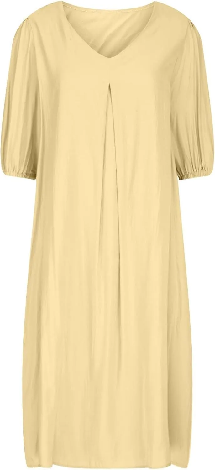 NaRHbrg Women Summer Dresses 2024 Casual Cotton Linen Dress Short Sleeve V Neck Flowy Beach Midi Dress Plus Size Tunic Dress