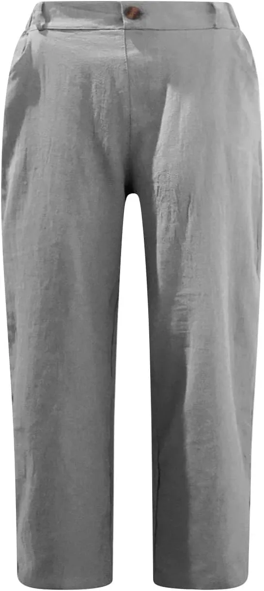 NATHGAM Linen Pants for Women Summer Casual Elastic High Waist Button Capris Pant Straight Wide Leg Cropped Trousers Pockets