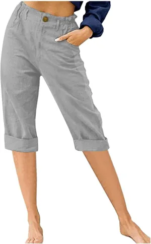 NATHGAM Linen Pants for Women Summer Casual Elastic High Waist Button Capris Pant Straight Wide Leg Cropped Trousers Pockets