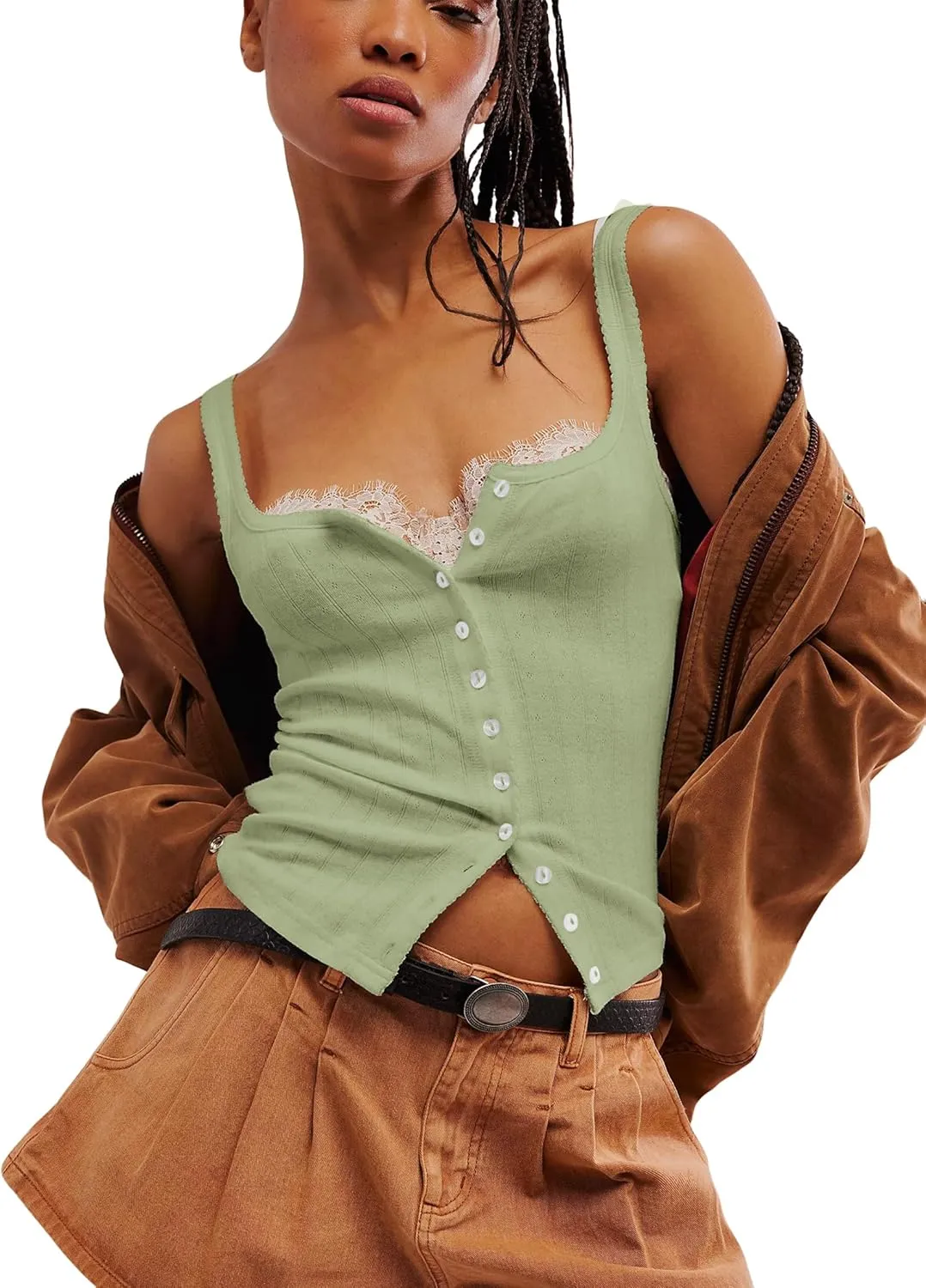 Neweek Women's Sleeveless Vest Button Front Tank Tops Ribbed Knit Square Neck Picot Trim Slim Fitted Y2K Shirts 2025