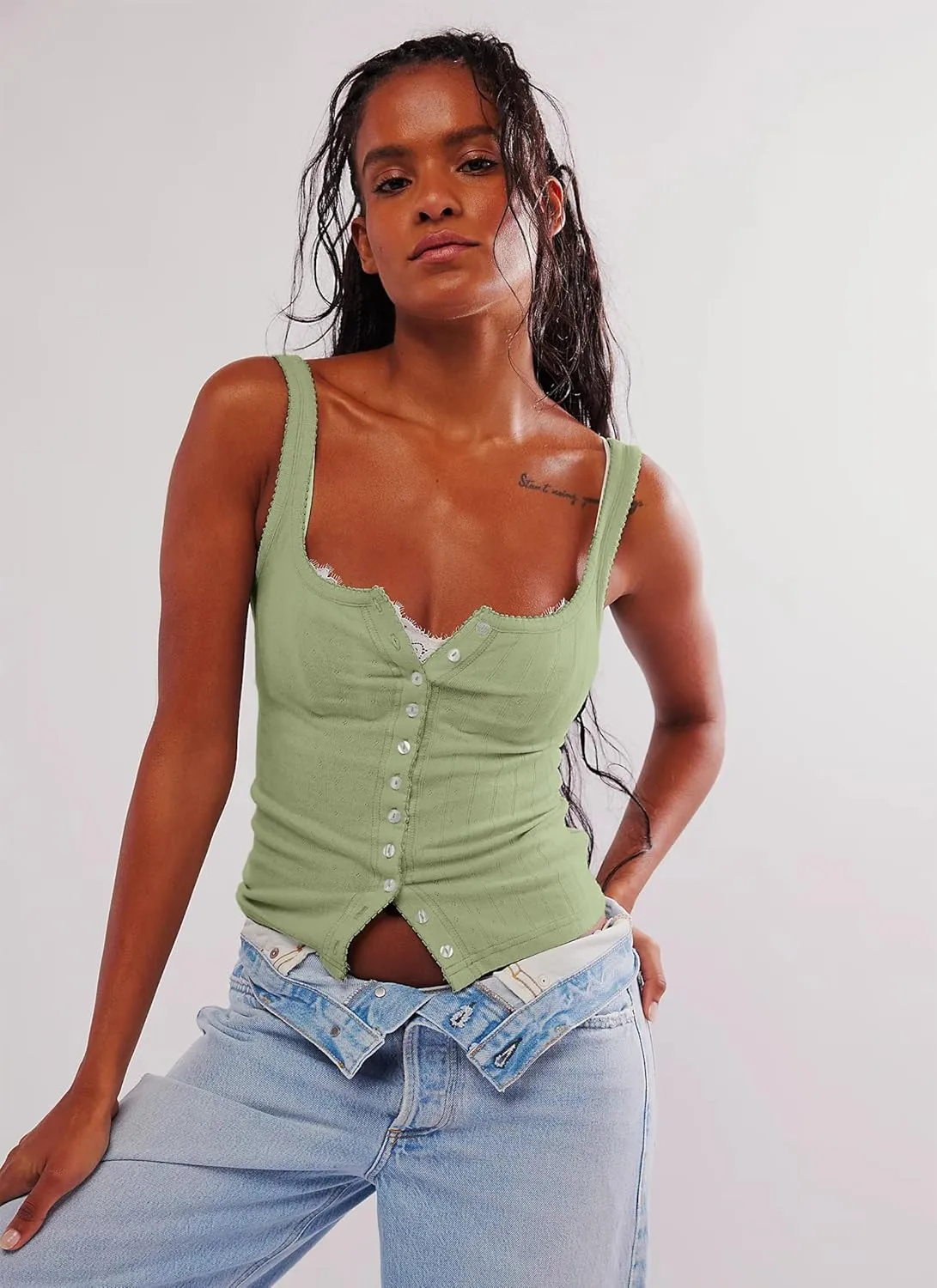 Neweek Women's Sleeveless Vest Button Front Tank Tops Ribbed Knit Square Neck Picot Trim Slim Fitted Y2K Shirts 2025