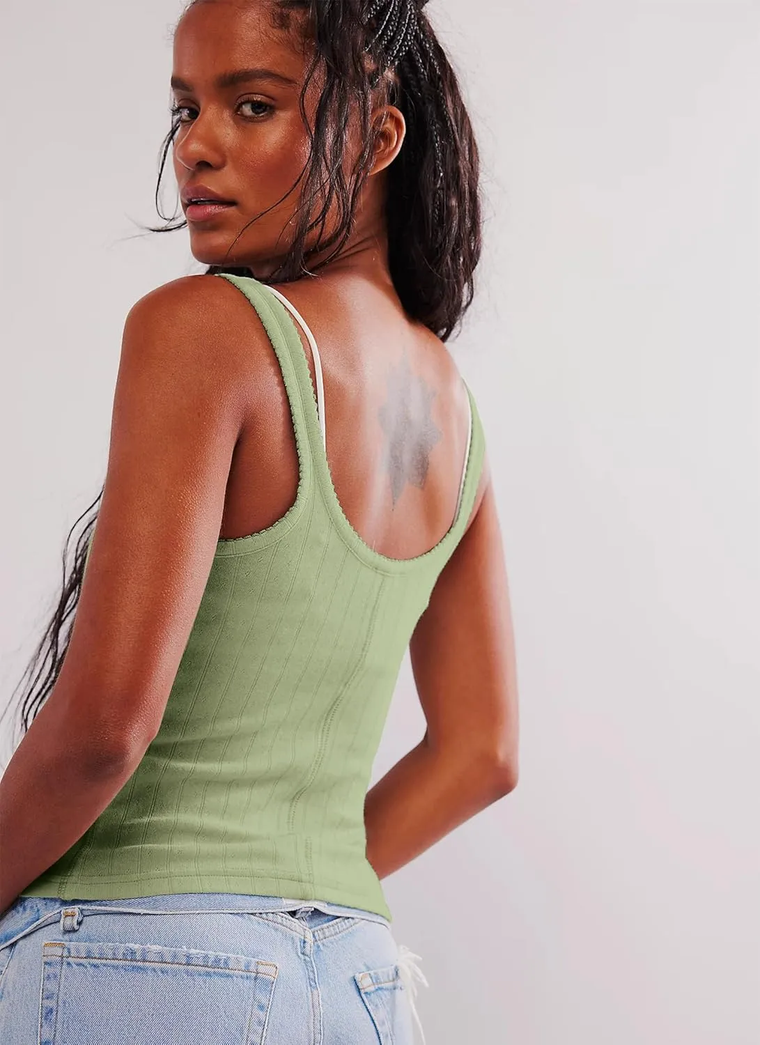Neweek Women's Sleeveless Vest Button Front Tank Tops Ribbed Knit Square Neck Picot Trim Slim Fitted Y2K Shirts 2025