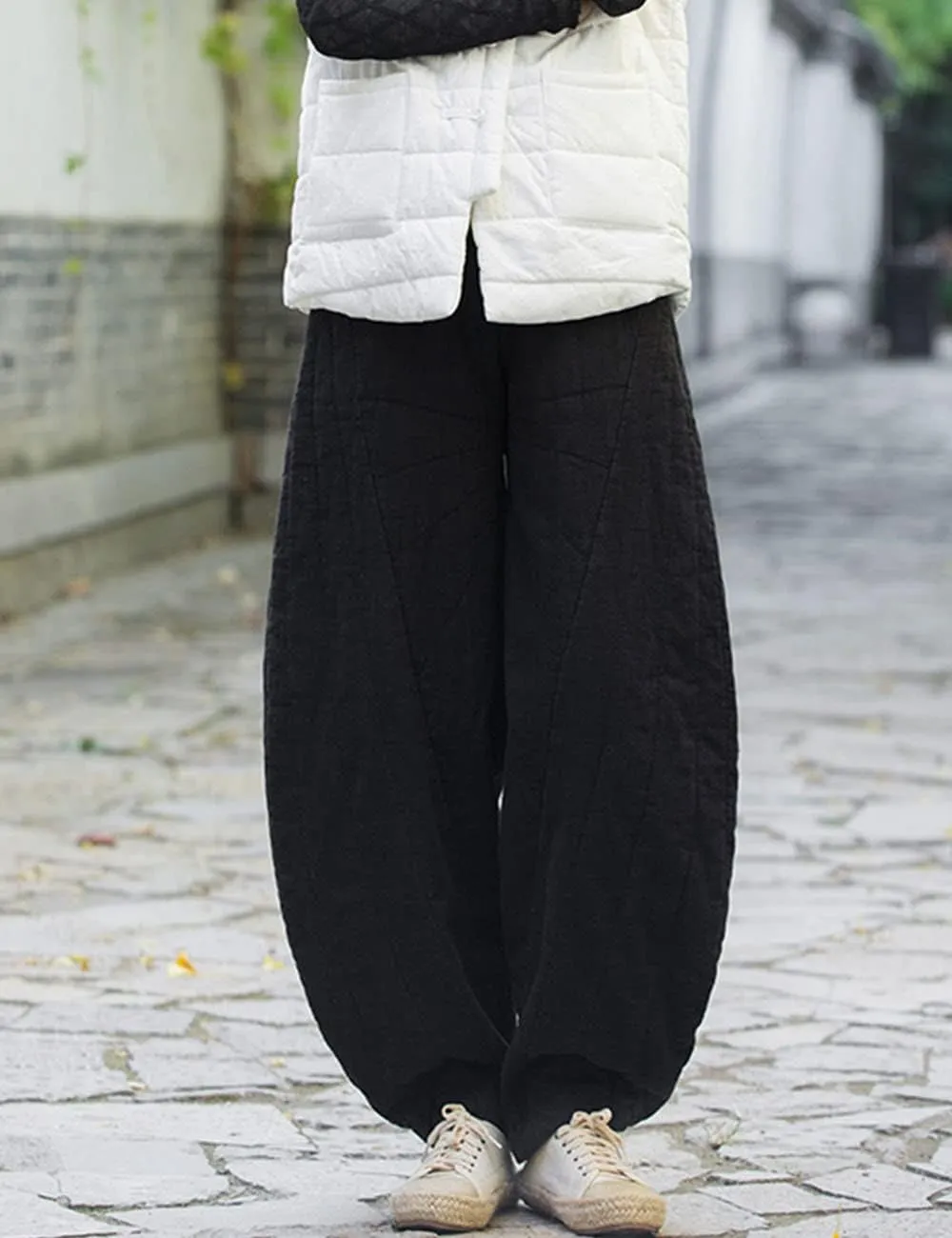 NFYM Women Quilted Pants Winter Warm Thick Cotton Linen Casual Wide Leg Elastic Waist Pocket Lantern Trousers