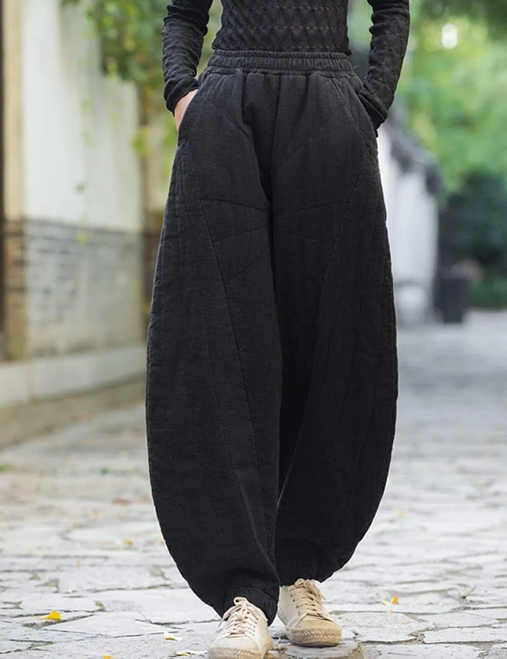 NFYM Women Quilted Pants Winter Warm Thick Cotton Linen Casual Wide Leg Elastic Waist Pocket Lantern Trousers