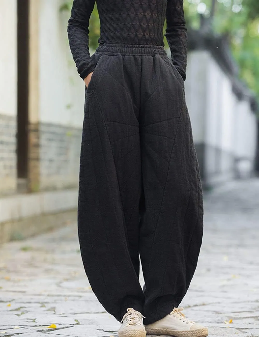 NFYM Women Quilted Pants Winter Warm Thick Cotton Linen Casual Wide Leg Elastic Waist Pocket Lantern Trousers