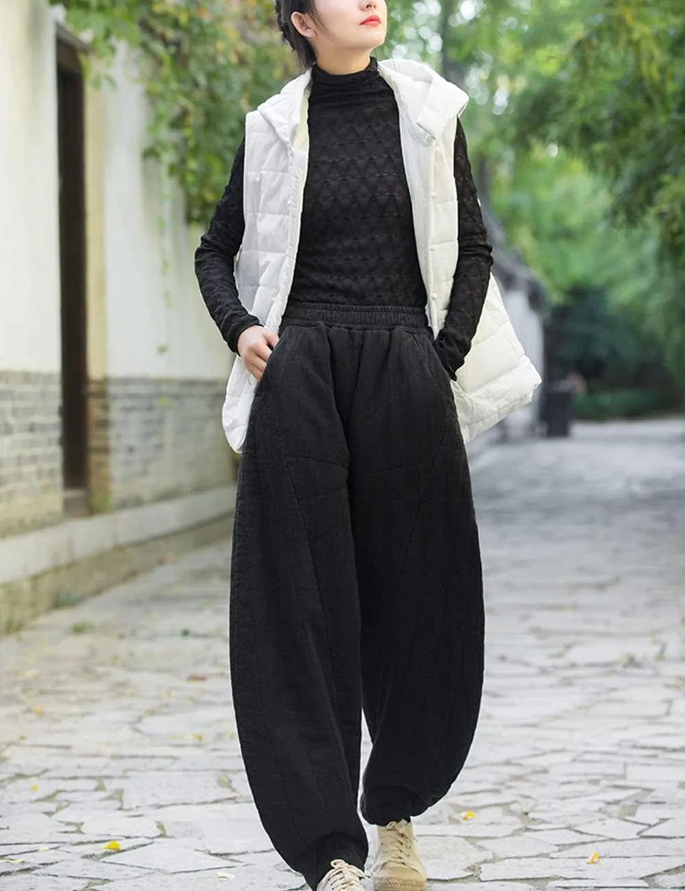 NFYM Women Quilted Pants Winter Warm Thick Cotton Linen Casual Wide Leg Elastic Waist Pocket Lantern Trousers