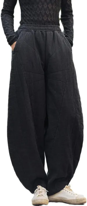 NFYM Women Quilted Pants Winter Warm Thick Cotton Linen Casual Wide Leg Elastic Waist Pocket Lantern Trousers