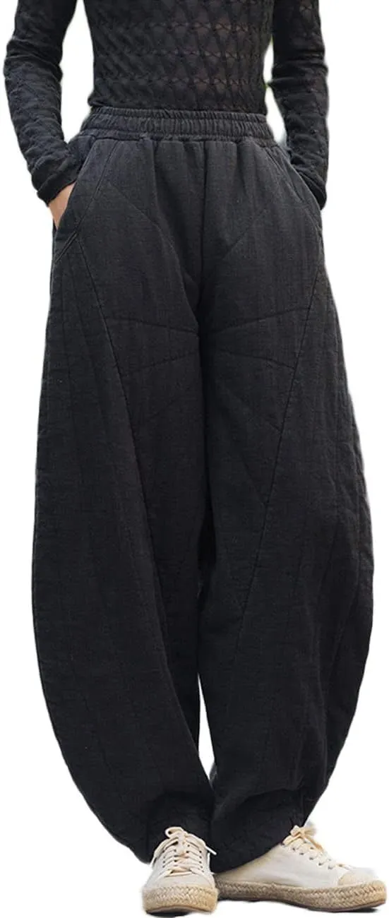 NFYM Women Quilted Pants Winter Warm Thick Cotton Linen Casual Wide Leg Elastic Waist Pocket Lantern Trousers