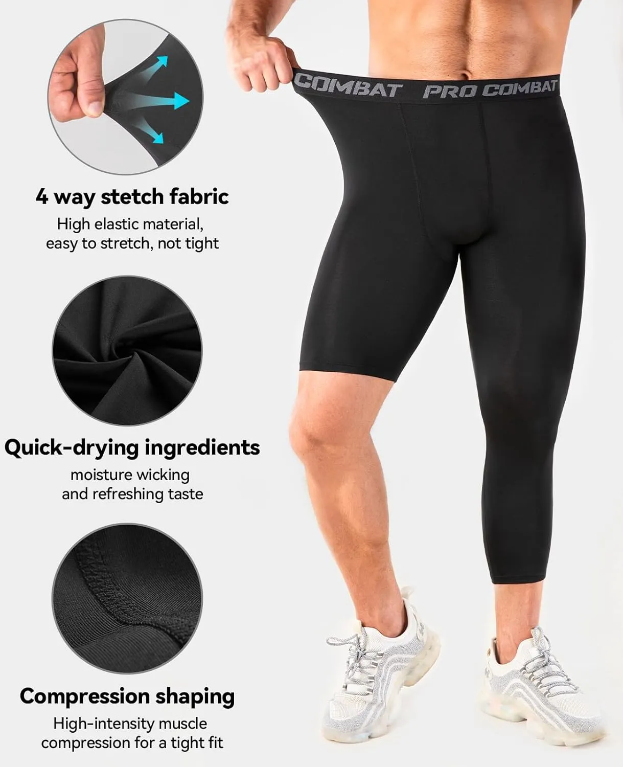 Niksa 1/2 Pack Men's Compression Pants, 3/4 One Leg Compression Tights Men Basketball Leg Sleeve Athletic Base Layer Leggings