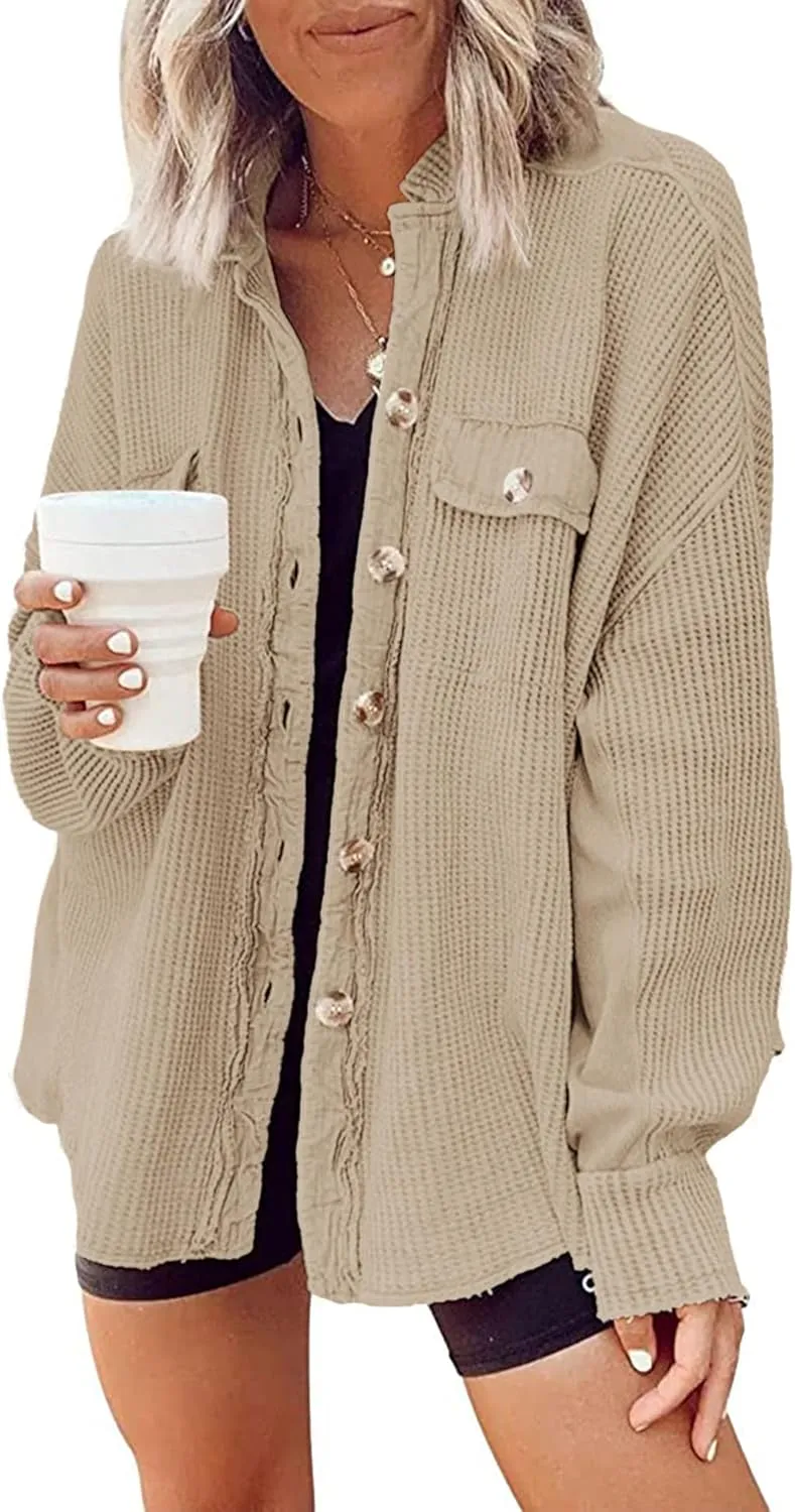 Nirovien Womens Waffle Knit Shacket Oversized Button Down Shirt Jacket Lightweight Spring Outfits Clothes