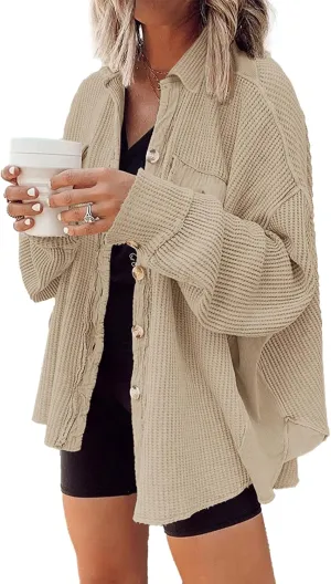 Nirovien Womens Waffle Knit Shacket Oversized Button Down Shirt Jacket Lightweight Spring Outfits Clothes