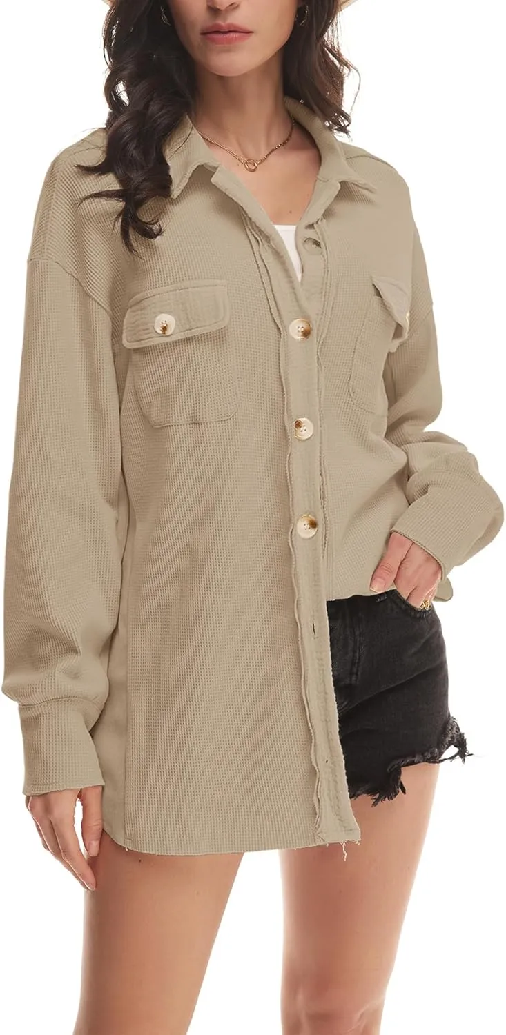 Nirovien Womens Waffle Knit Shacket Oversized Button Down Shirt Jacket Lightweight Spring Outfits Clothes