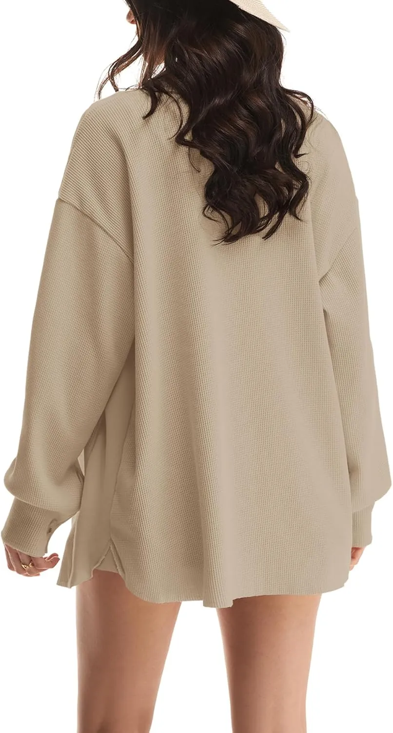 Nirovien Womens Waffle Knit Shacket Oversized Button Down Shirt Jacket Lightweight Spring Outfits Clothes