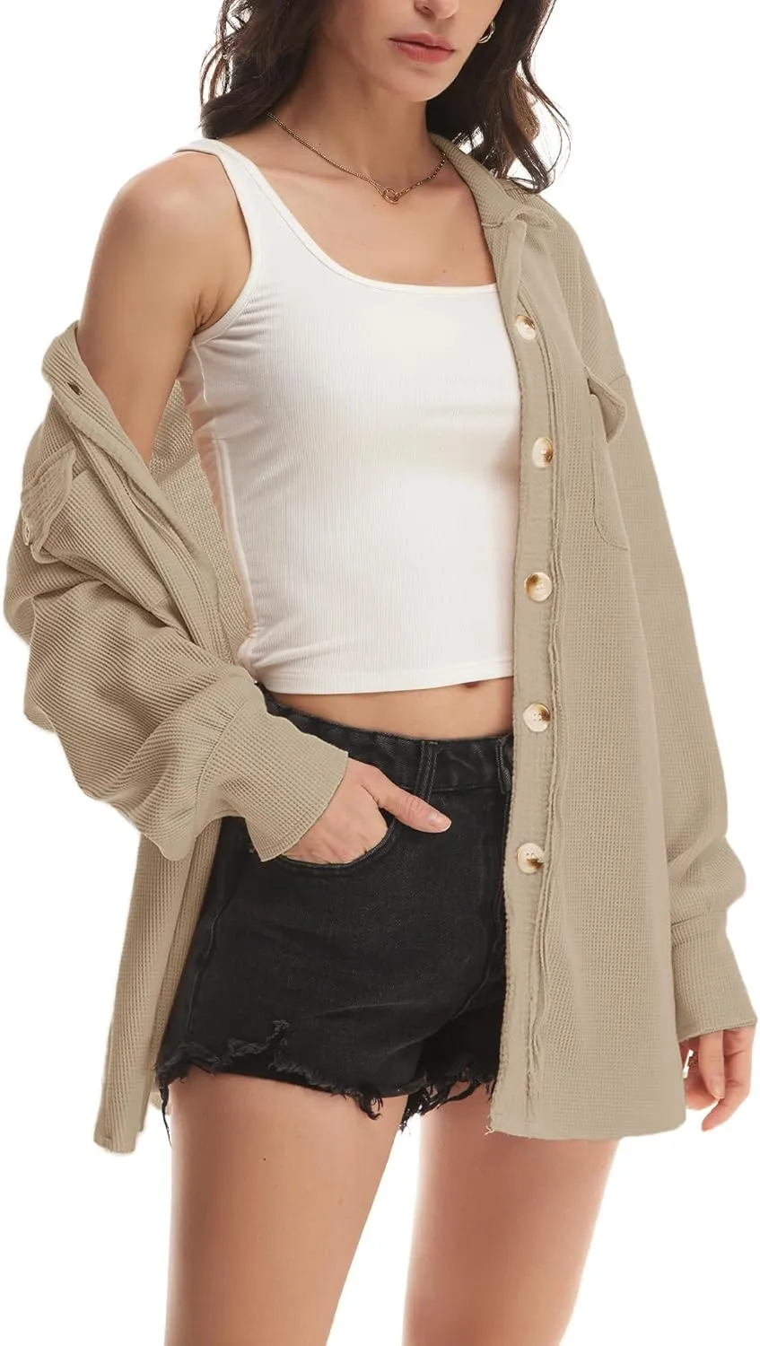 Nirovien Womens Waffle Knit Shacket Oversized Button Down Shirt Jacket Lightweight Spring Outfits Clothes