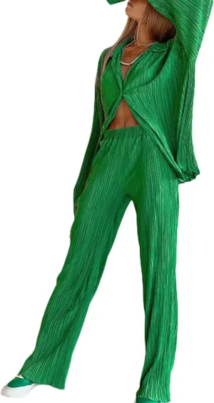 NUFIWI Women Oversized 2 Piece Outfits Pleated Long Sleeve Button Blouse Top Wide Leg Pants Sets Streetwear Loungwear