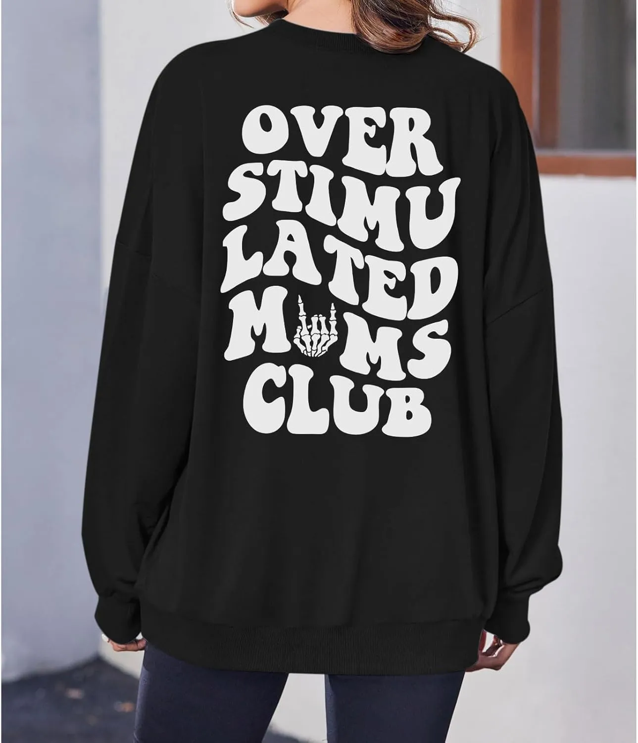 Oversized Overstimulated Moms Club Sweatshirt for Women Cool Skeleton Graphic Mama Sweatshirts Funny Hoodie Pullover