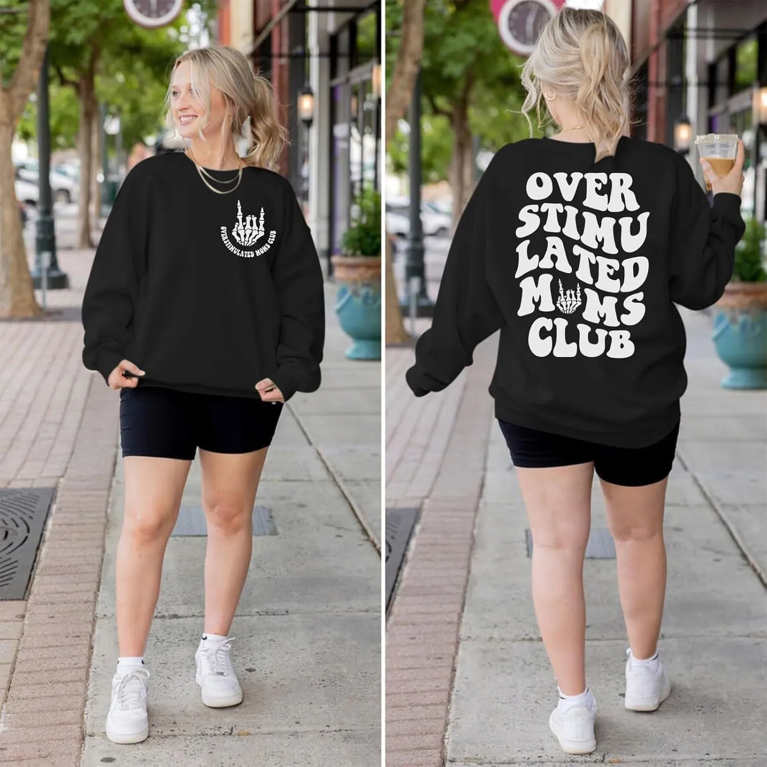 Oversized Overstimulated Moms Club Sweatshirt for Women Cool Skeleton Graphic Mama Sweatshirts Funny Hoodie Pullover