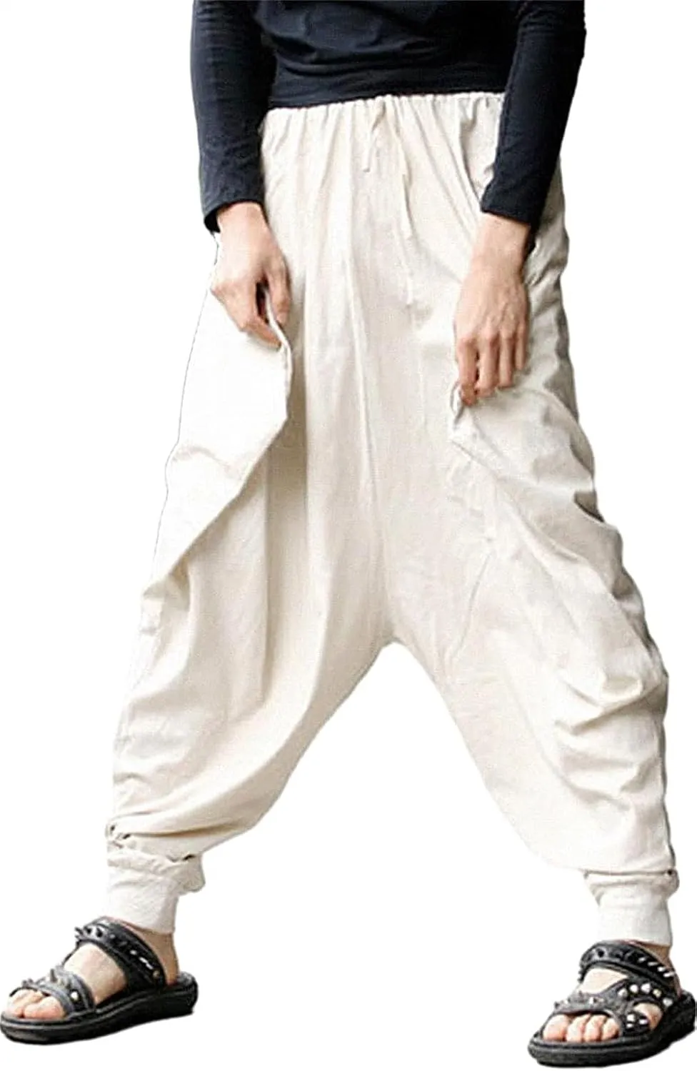PACEIADTA Mens Casual Harem Pants Baggy Aladdin Hippie Elastic Waist Drop Crotch Trousers