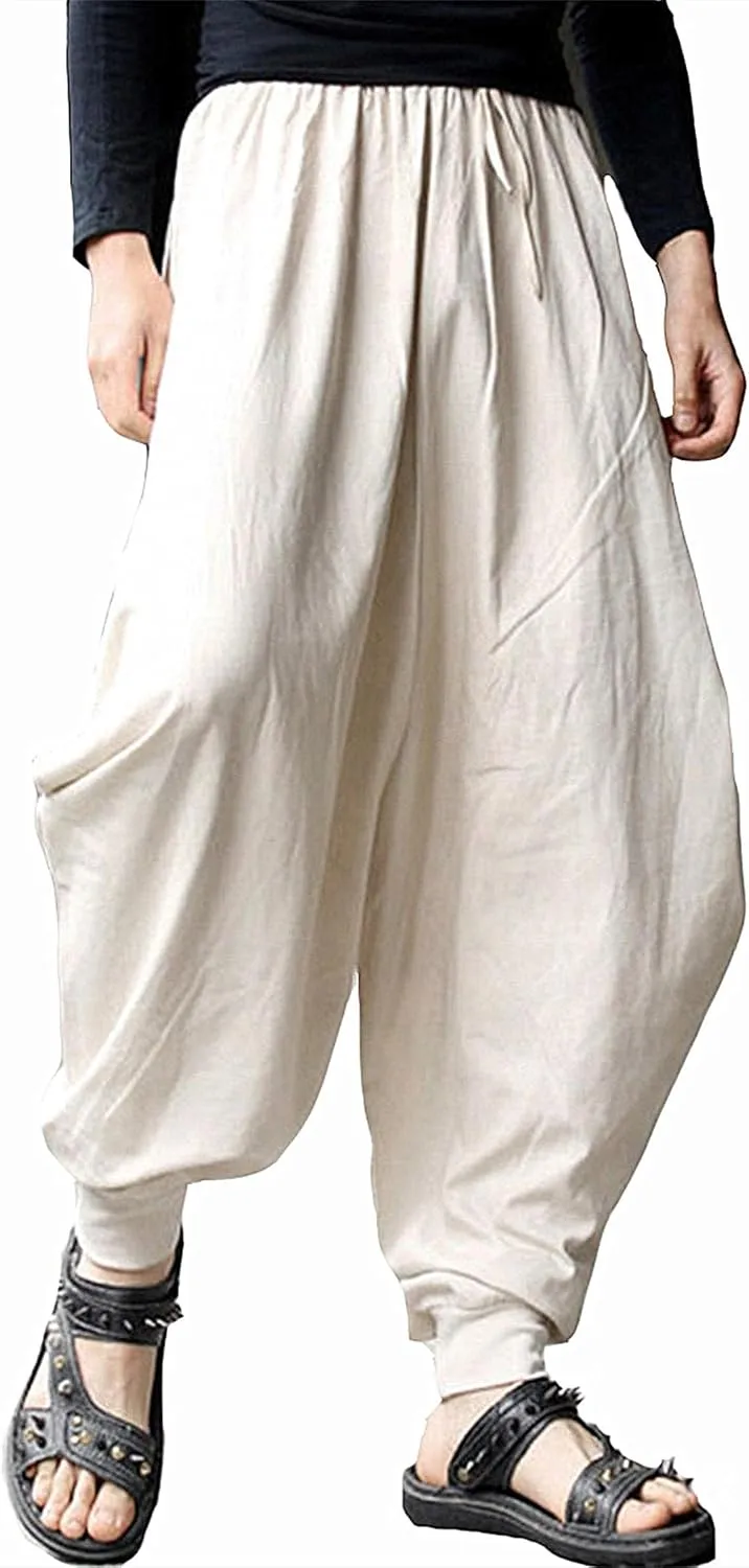 PACEIADTA Mens Casual Harem Pants Baggy Aladdin Hippie Elastic Waist Drop Crotch Trousers