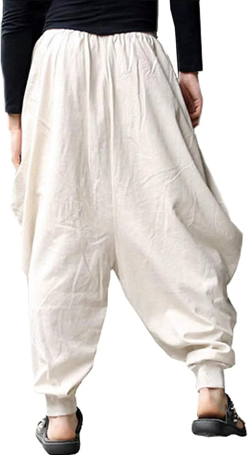PACEIADTA Mens Casual Harem Pants Baggy Aladdin Hippie Elastic Waist Drop Crotch Trousers