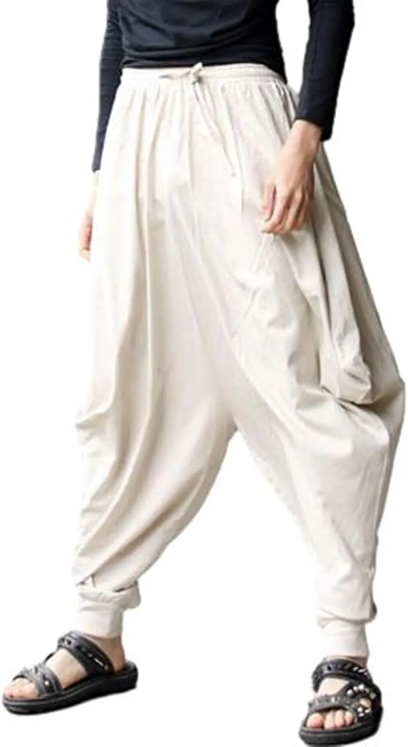 PACEIADTA Mens Casual Harem Pants Baggy Aladdin Hippie Elastic Waist Drop Crotch Trousers