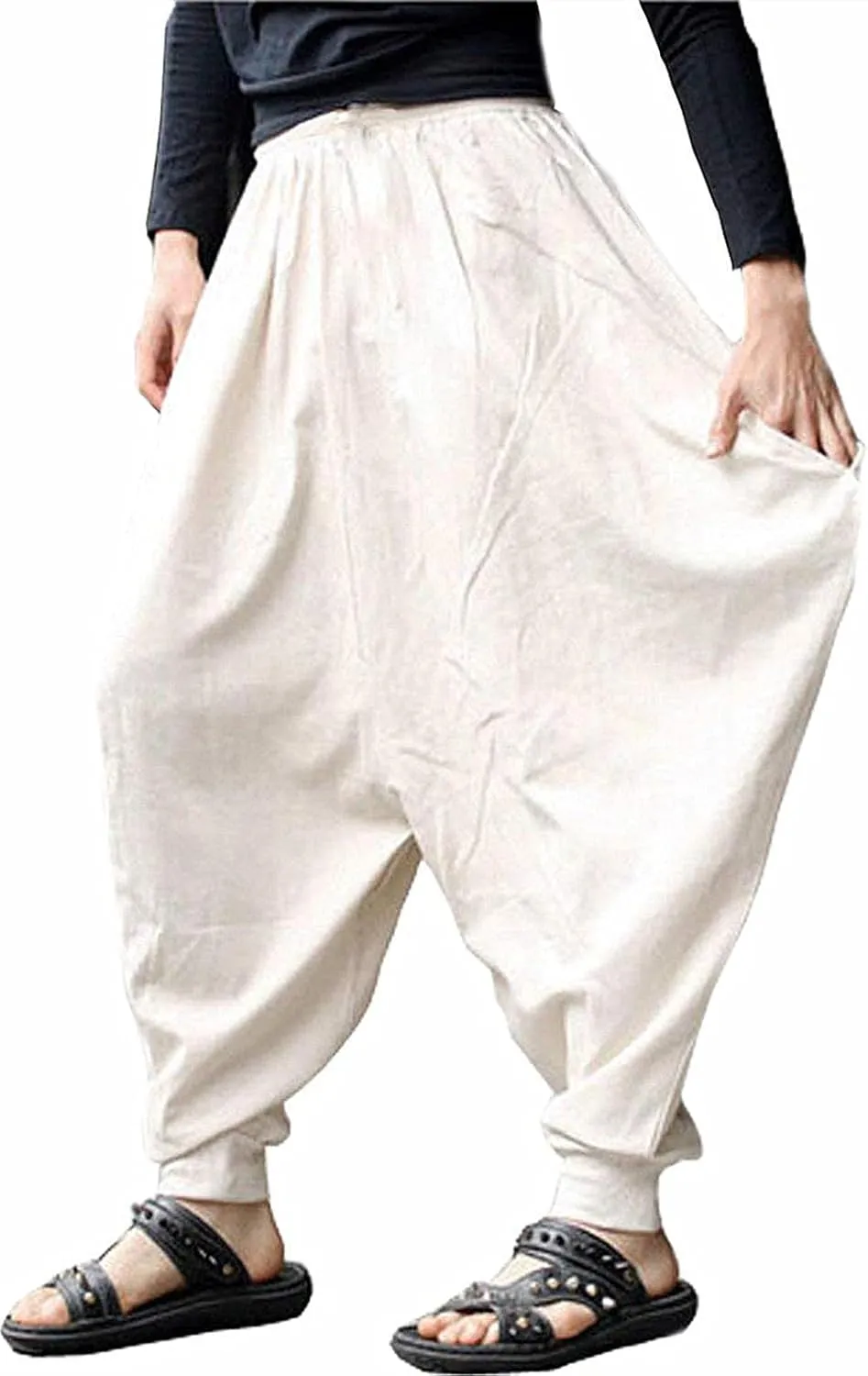 PACEIADTA Mens Casual Harem Pants Baggy Aladdin Hippie Elastic Waist Drop Crotch Trousers