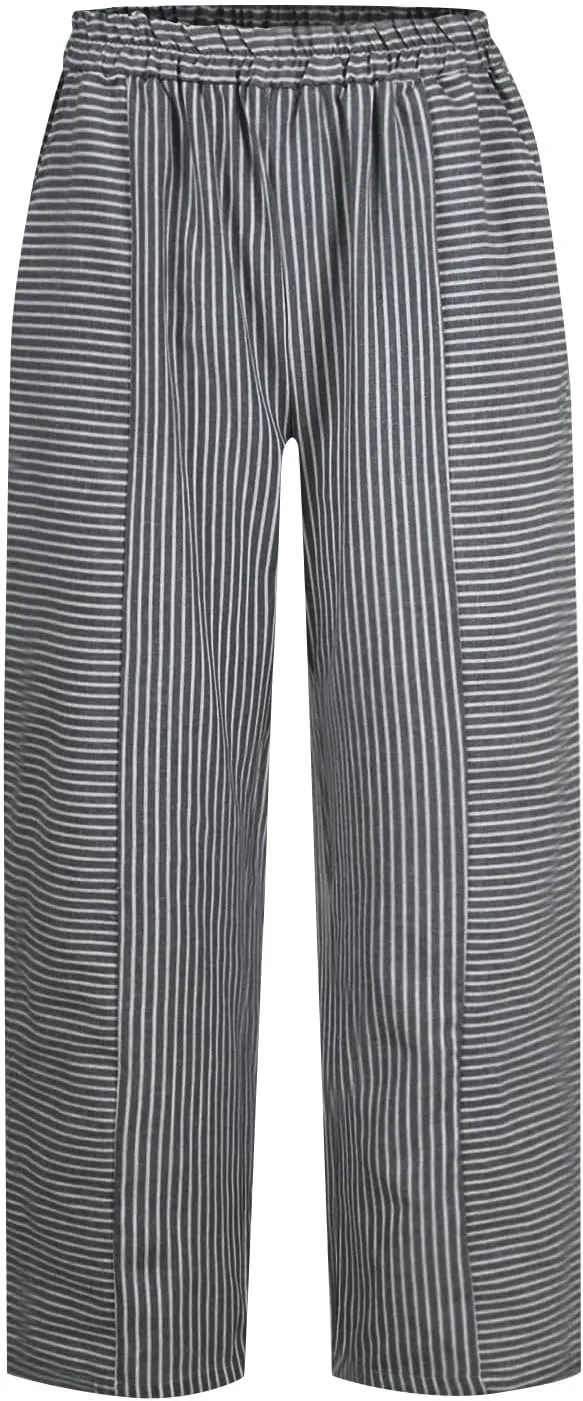 Pants for Women, Stripe Peasant Pants Casual Straight Leg Linen Plaid Trendy