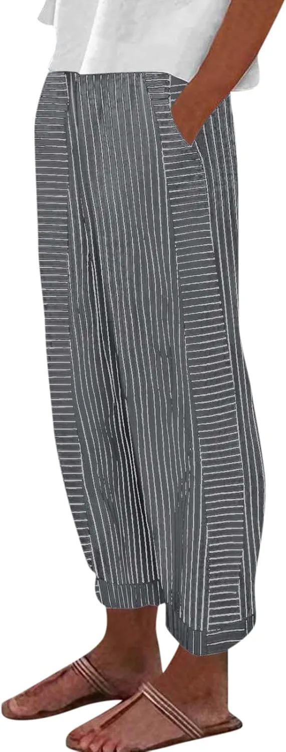Pants for Women, Stripe Peasant Pants Casual Straight Leg Linen Plaid Trendy