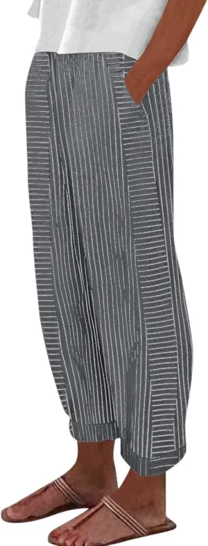 Pants for Women, Stripe Peasant Pants Casual Straight Leg Linen Plaid Trendy