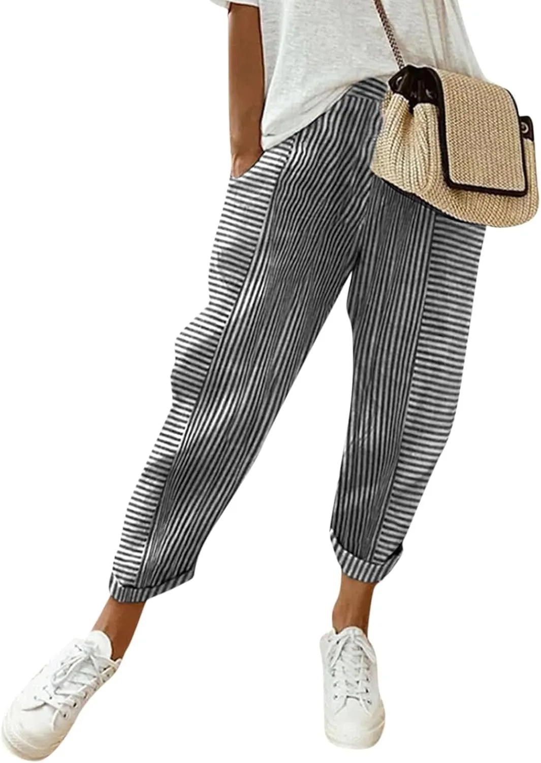Pants for Women, Stripe Peasant Pants Casual Straight Leg Linen Plaid Trendy