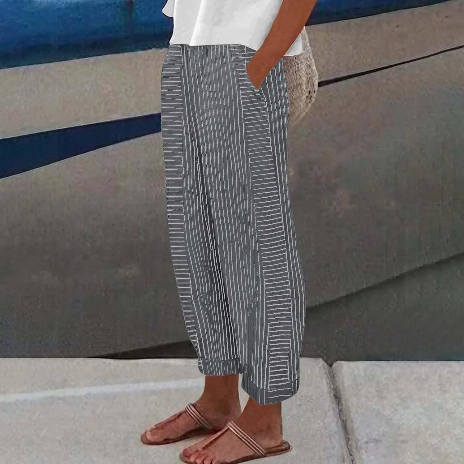 Pants for Women, Stripe Peasant Pants Casual Straight Leg Linen Plaid Trendy