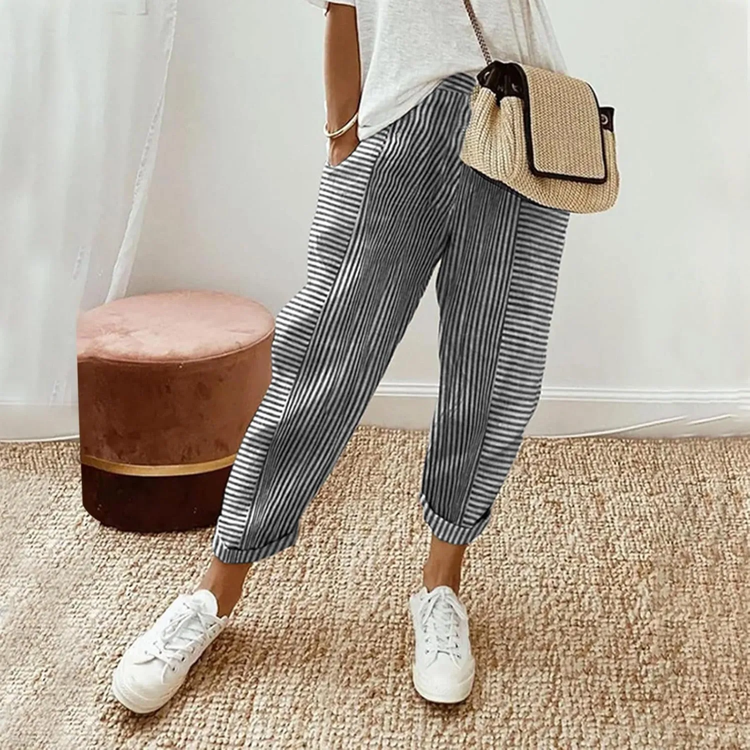 Pants for Women, Stripe Peasant Pants Casual Straight Leg Linen Plaid Trendy
