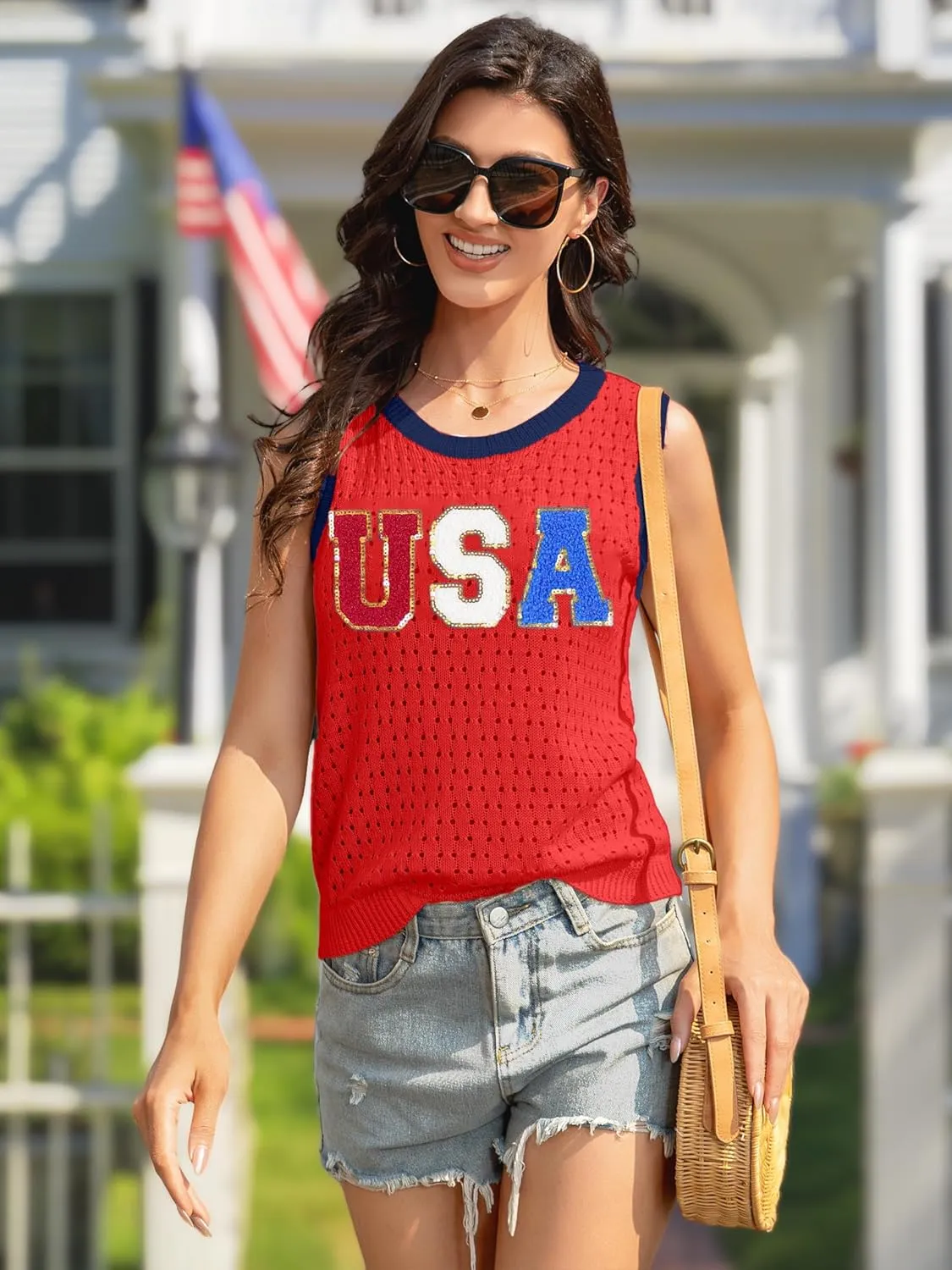 PECHAR USA 4th of July Shirts Women American Flag Hollow Out Knit Tank Tops Patriotic Striped Color Block Sweater Vest